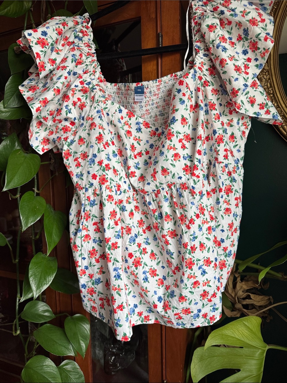 Old Navy White Peplum Top with Red and Blue Floral Print